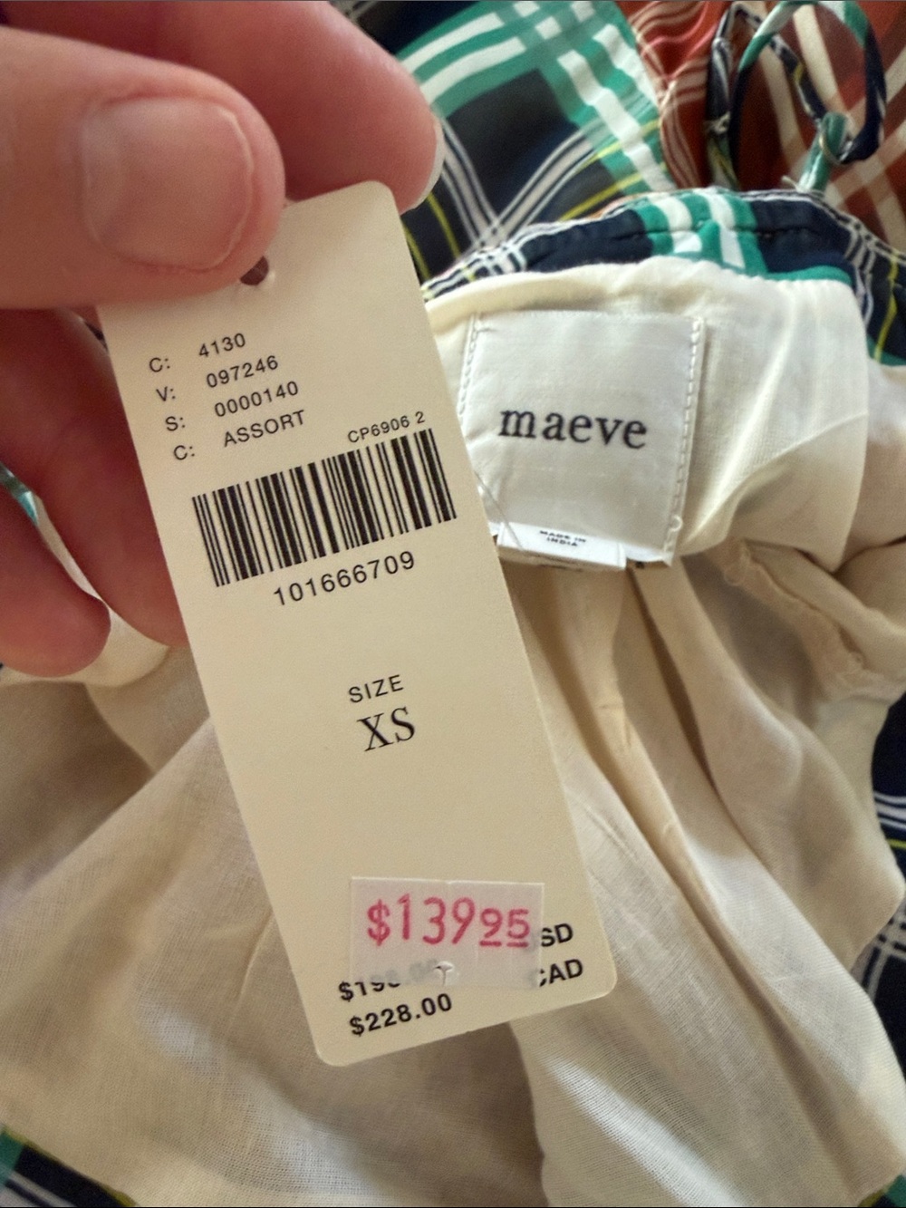 Maeve Multicolor Plaid Asymmetrical Slip Dress with Teal & Mustard Panels - Picture 9 of 11